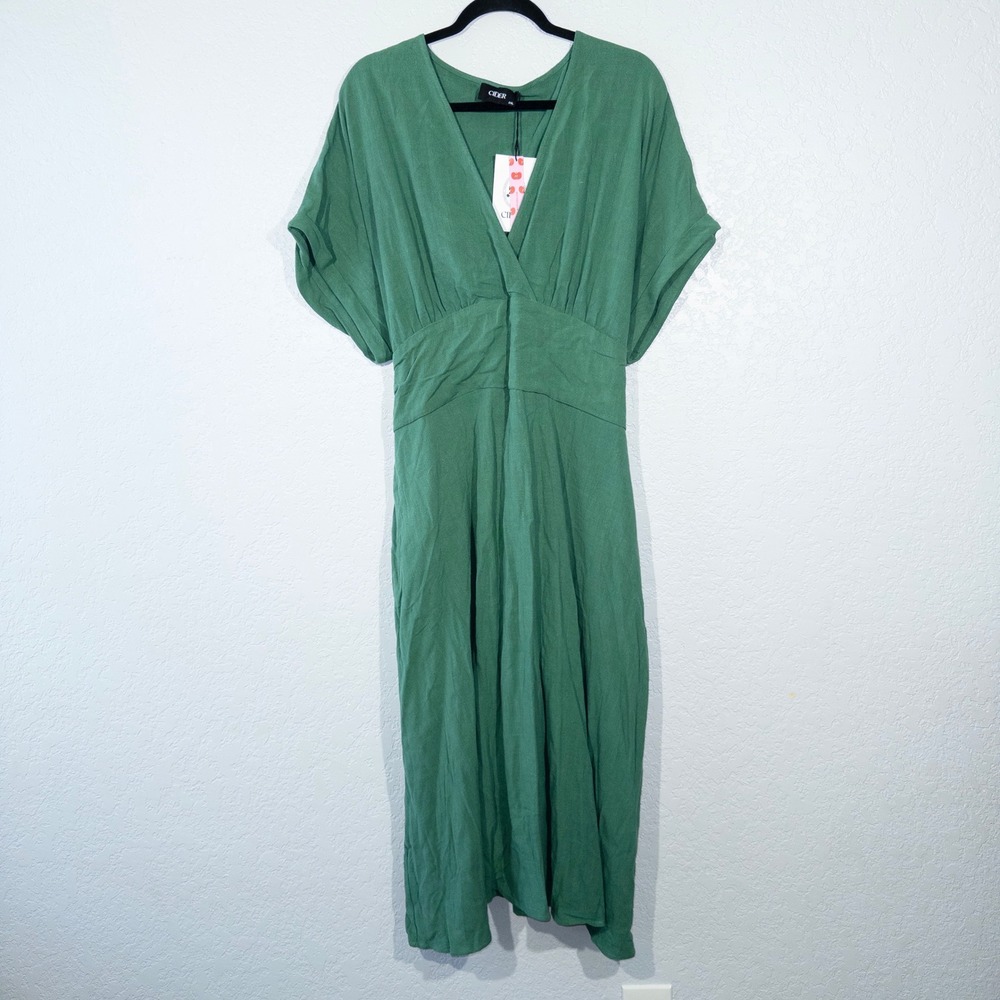 NWT Cider Green Linen‎ Blend V-Neck Midi Dress Size 2XL